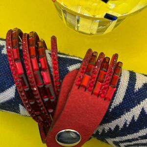 Red Rhinestone Elegant Chain 6 Layered Leather Bracelet Boho …